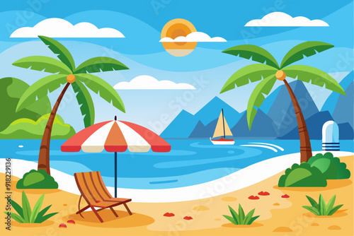Idyllic Beach Scene with Palm Trees, Sun, and Sailboat
