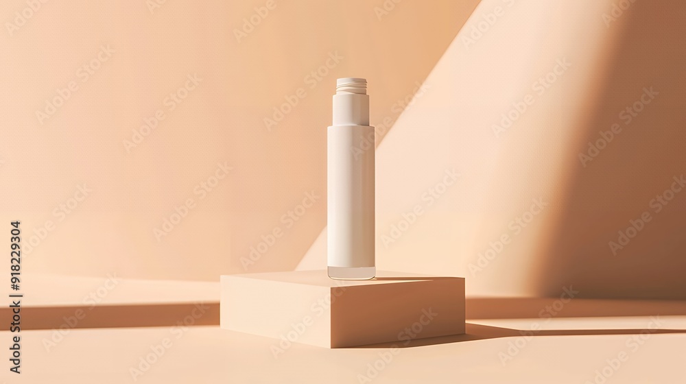 A makeup primer bottle mock-up positioned in front of a light tan gradient background. The bottle is elegantly designed, with sleek lines and a minimalist label A makeup primer bottle mock-up positioned in front of a light tan gradient background. The bottle is elegantly designed, with sleek lines and a minimalist label