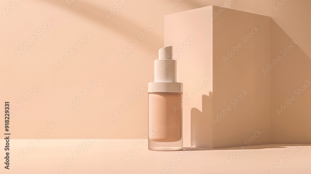 A makeup primer bottle mock-up positioned in front of a light tan gradient background. The bottle is elegantly designed, with sleek lines and a minimalist label A makeup primer bottle mock-up positioned in front of a light tan gradient background. The bottle is elegantly designed, with sleek lines and a minimalist label