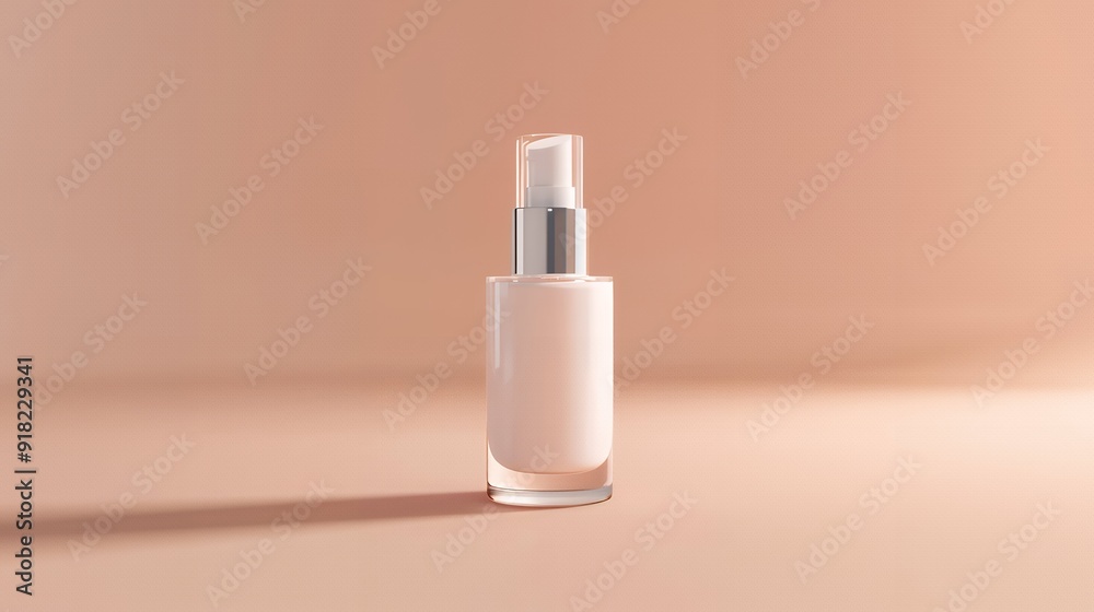 A makeup primer bottle mock-up positioned in front of a light tan gradient background. The bottle is elegantly designed, with sleek lines and a minimalist label A makeup primer bottle mock-up positioned in front of a light tan gradient background. The bottle is elegantly designed, with sleek lines and a minimalist label