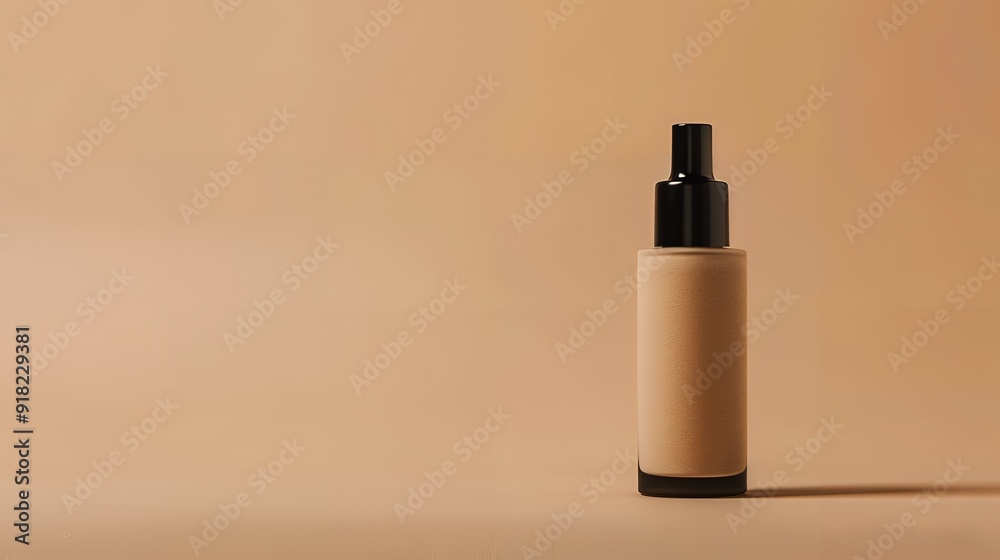 A makeup primer bottle mock-up positioned in front of a light tan gradient background. The bottle is elegantly designed, with sleek lines and a minimalist label A makeup primer bottle mock-up positioned in front of a light tan gradient background. The bottle is elegantly designed, with sleek lines and a minimalist label