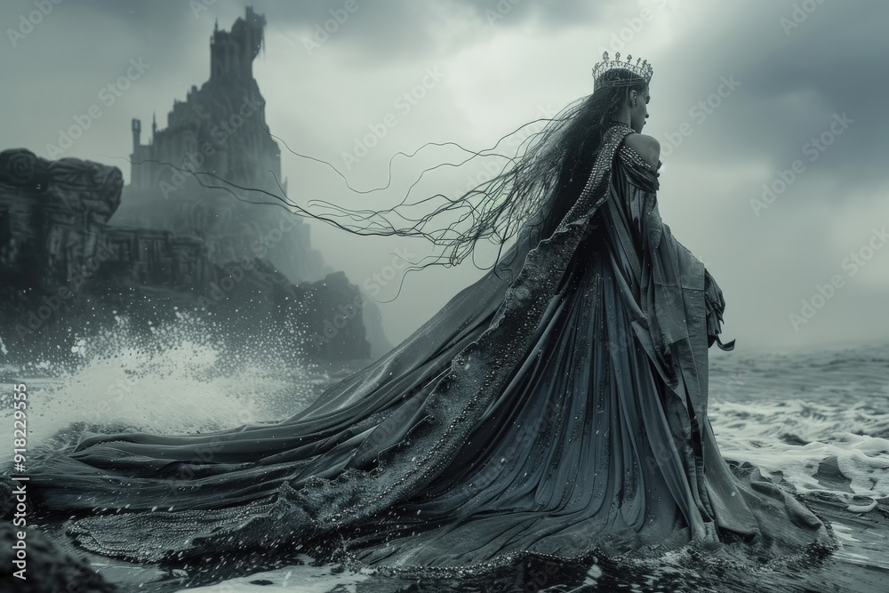 A mysterious figure in a flowing gown stands by the turbulent sea, with a castle in the background. A mysterious figure in a flowing gown stands by the turbulent sea, with a castle in the background.