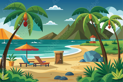 Tropical Beach Scene with Palm Trees, Loungers, and an Umbrella