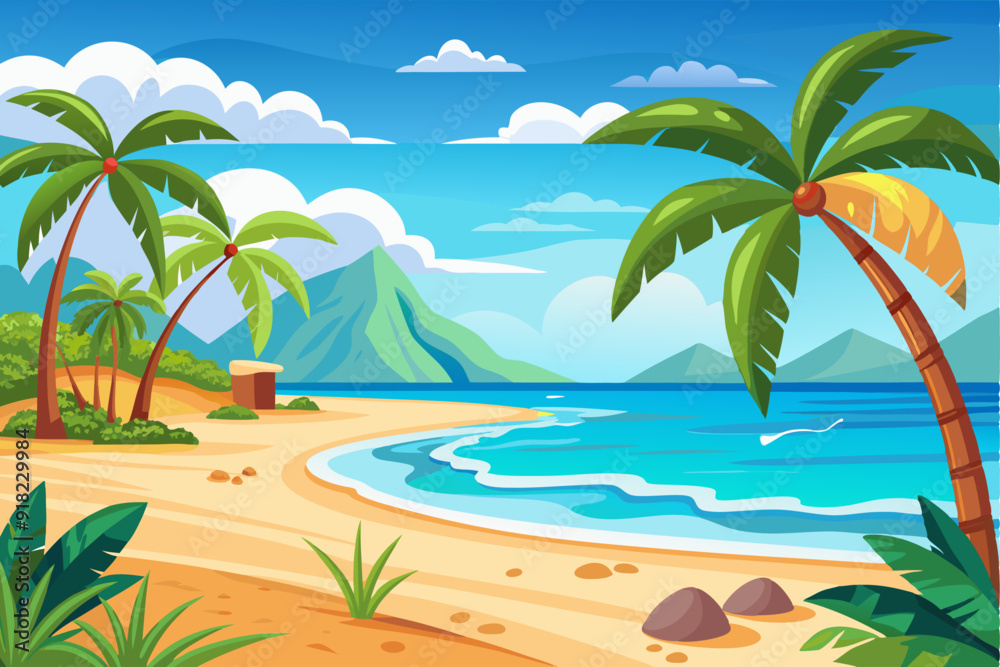 Obraz premium Tropical Beach Scene with Palm Trees, Mountains, and Ocean
