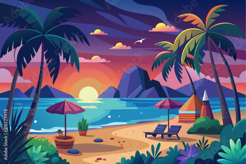 Tropical Beach Sunset with Palm Trees and Loungers