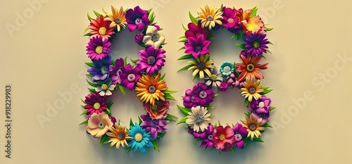 The number 88 formed with colorful flowers on a pale yellow background. Perfect for a birthday card, anniversary card, or other special occasion.