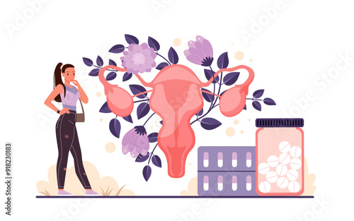 Female oral contraception, method with hormonal pills. Tiny woman standing at big blister and bottle of drugs, anatomic human uterus model with cute floral decoration