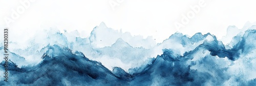 Abstract Watercolor Blue Mountains Landscape - A serene watercolor painting of blue mountains with white clouds, symbolizing peace, tranquility, nature, and abstract art.