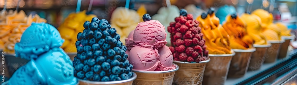 Vibrant Street Market Selling Exotic Ice Cream Flavors with Colorful Vibrant Street Market Selling Exotic Ice Cream Flavors with Colorful