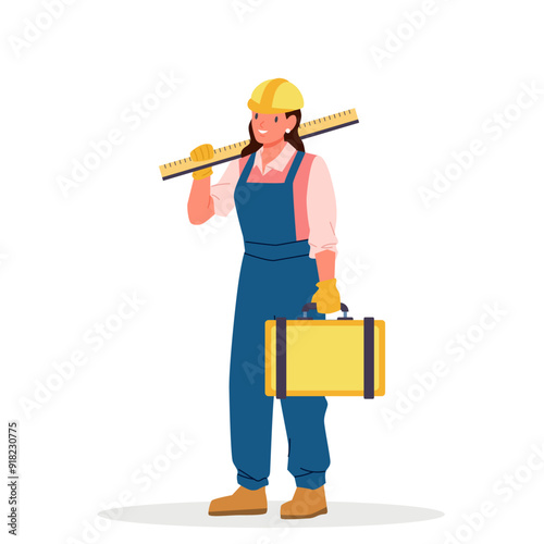 Female repair and maintenance service employee holding toolbox and wooden ruler. Young cute woman in helmet, professional construction worker and handyman overall standing cartoon vector illustration
