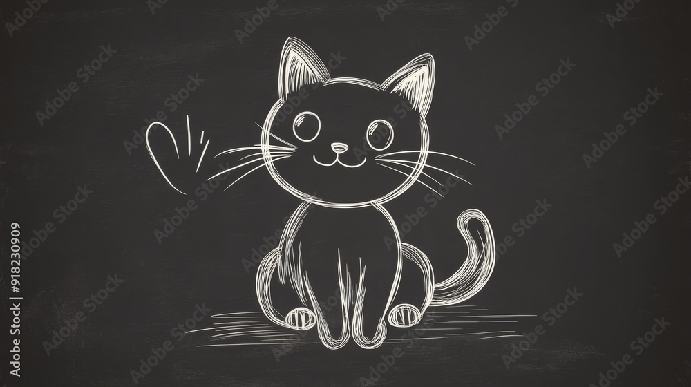 Adorable Hand-Drawn Cat on Chalkboard - A cute cartoon cat drawn in white chalk on a black chalkboard. The cat is sitting with its paw raised in a friendly gesture, symbolizing playfulness, friendship Adorable Hand-Drawn Cat on Chalkboard - A cute cartoon cat drawn in white chalk on a black chalkboard. The cat is sitting with its paw raised in a friendly gesture, symbolizing playfulness, friendship