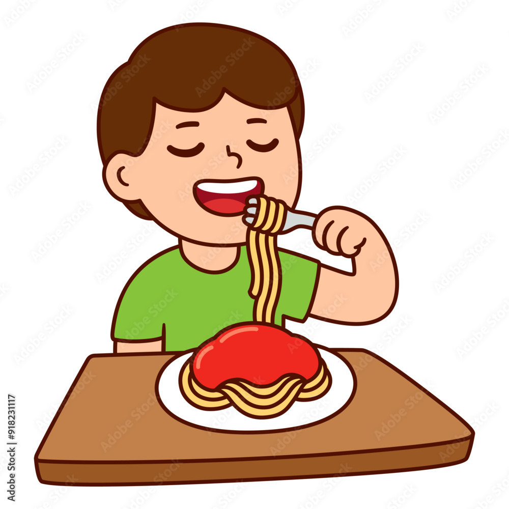 Child eating spaghetti cartoon drawing Child eating spaghetti cartoon drawing