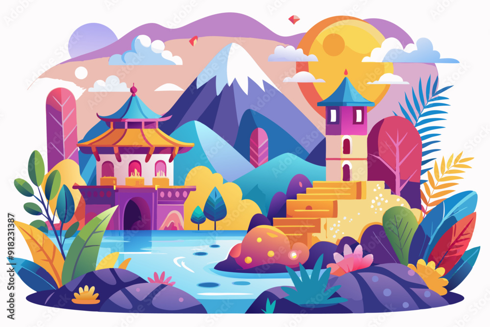 Colorful Illustration of a Pagoda, Tower, and Mountain Landscape Colorful Illustration of a Pagoda, Tower, and Mountain Landscape