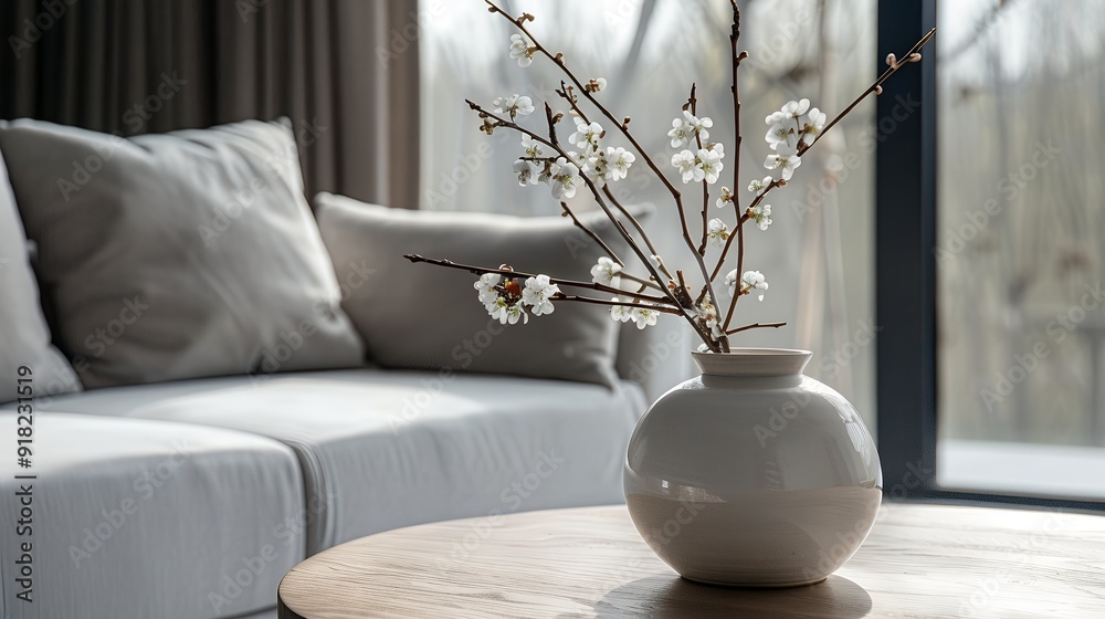 Close up of ceramic vase with blossom twigs on round wooden coffee table against grey sofa and window. Minimalist home interior design of modern living room. Close up of ceramic vase with blossom twigs on round wooden coffee table against grey sofa and window. Minimalist home interior design of modern living room.