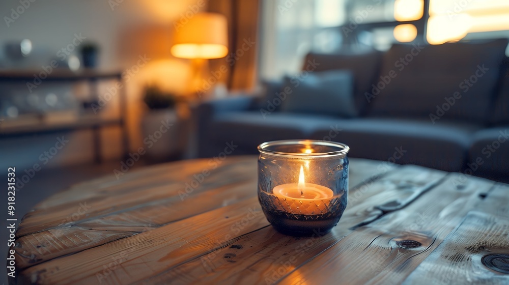 Close up of round glass jar with burning candle on rustic wooden coffee table. Lamp on side table near grey sofa. Minimalist loft home interior design of modern living room. Close up of round glass jar with burning candle on rustic wooden coffee table. Lamp on side table near grey sofa. Minimalist loft home interior design of modern living room.