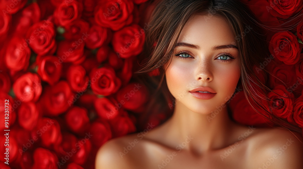 pretty valentines woman in red dress with rose design