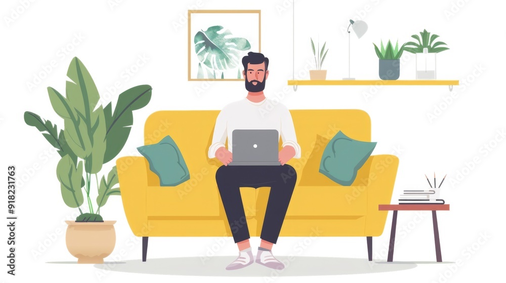Man sits comfortably on a sofa at home with a laptop engaging in an online video call balancing work and leisure. Man sits comfortably on a sofa at home with a laptop engaging in an online video call balancing work and leisure.