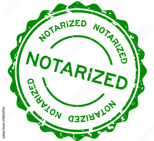 Grunge green notarized word round rubber seal stamp on white background