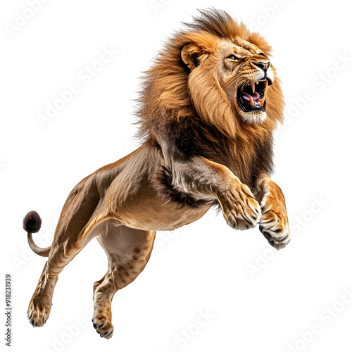Majestic Lion Pouncing Fiercely in Sideview on Isolated white transparent background png