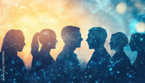 Silhouettes of five people with abstract lines of communication around them.