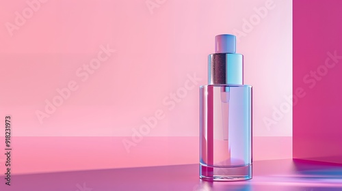 Stylish pink cosmetic bottle on vibrant background with gentle shadows, ideal for beauty product branding. Gradient hues and ample white space for creams, lotions, serums, and gels
