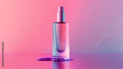 Stylish pink cosmetic bottle on vibrant background with gentle shadows, ideal for beauty product branding. Gradient hues and ample white space for creams, lotions, serums, and gels