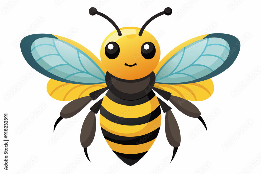 Fototapeta premium A Cartoon Bee with Yellow and Black Stripes and Blue Wings