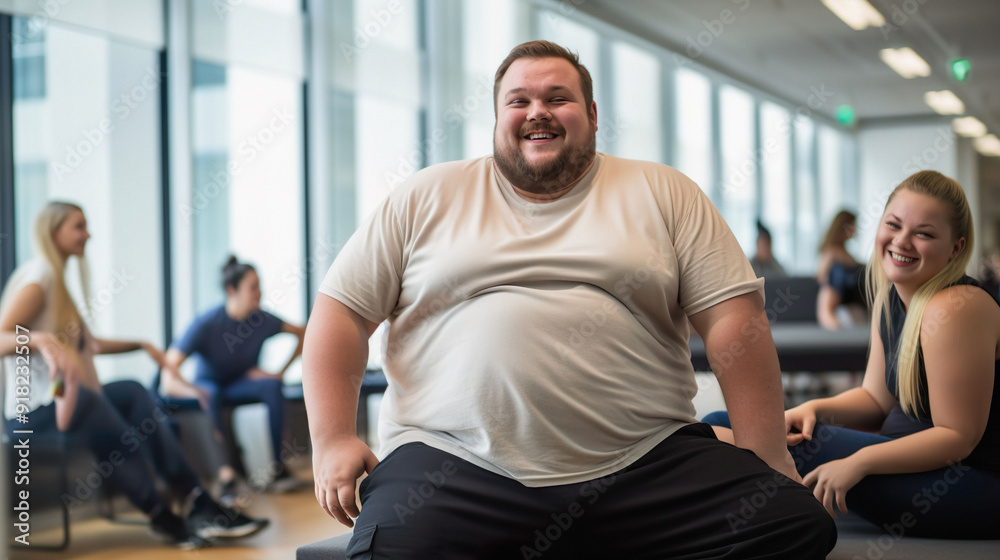 Smiling plus size man in gym. Overweight man in white t-shirt at gym. Smiling plus size man in gym. Overweight man in white t-shirt at gym.