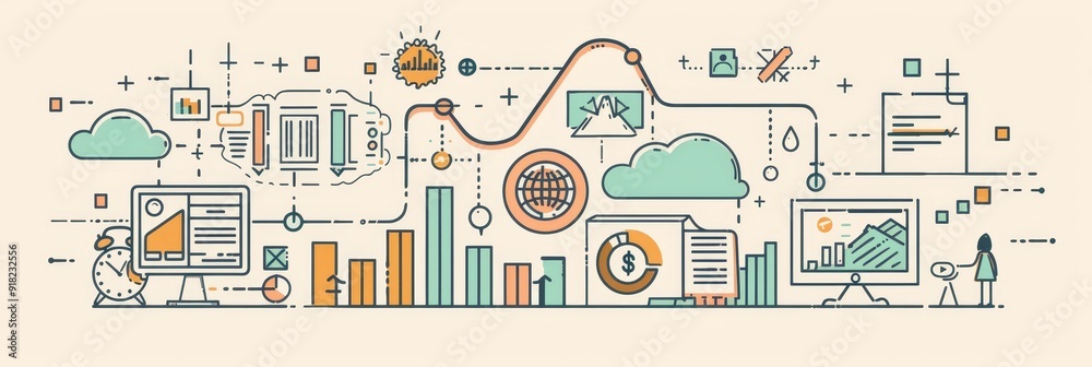 Business Growth Strategy with Data Analytics and Cloud Computing - This illustration depicts a business growth strategy utilizing data analytics, cloud computing, and process optimization to achieve s Business Growth Strategy with Data Analytics and Cloud Computing - This illustration depicts a business growth strategy utilizing data analytics, cloud computing, and process optimization to achieve s