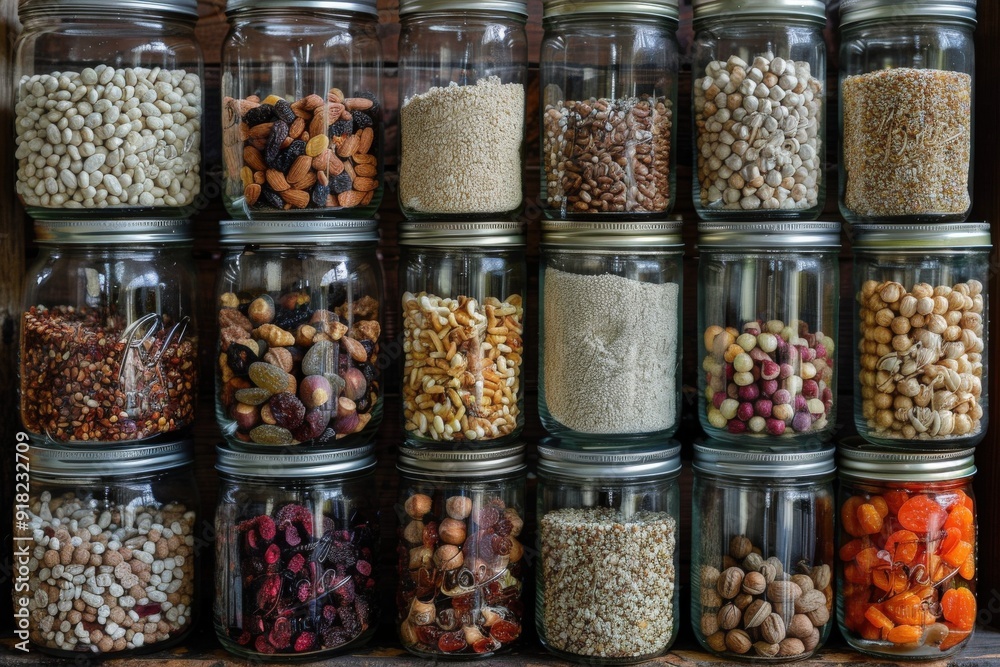 A collection of various grains, nuts, and seeds stored in glass jars for organization and storage. A collection of various grains, nuts, and seeds stored in glass jars for organization and storage.