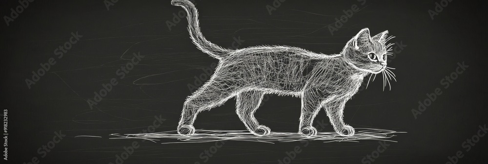 Fototapeta premium Chalkboard Cat Illustration: A Simple, Elegant Design - A white chalk cat illustration on a black background, perfect for a minimalist design. The cat is drawn in a simple, elegant style with a long