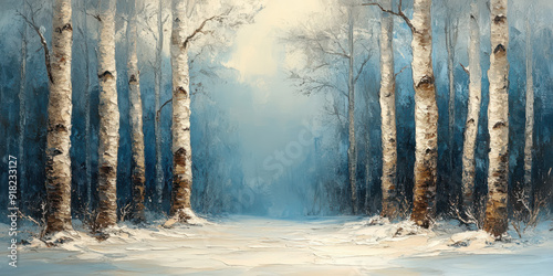 Birch trees in winter forest. Painting of a snowy landscape.