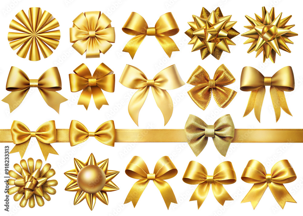 Set of gold satin bows and ribbons isolated white background. Satin bow, decoration for holiday. Set of gold satin bows and ribbons isolated white background. Satin bow, decoration for holiday.