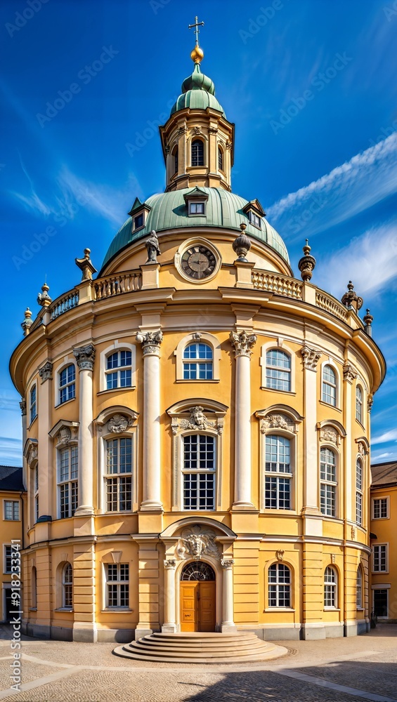 A majestic baroque structure showcases a green dome and detailed architecture, basking in sunlight with a vibrant blue sky above. Generative AI A majestic baroque structure showcases a green dome and detailed architecture, basking in sunlight with a vibrant blue sky above. Generative AI