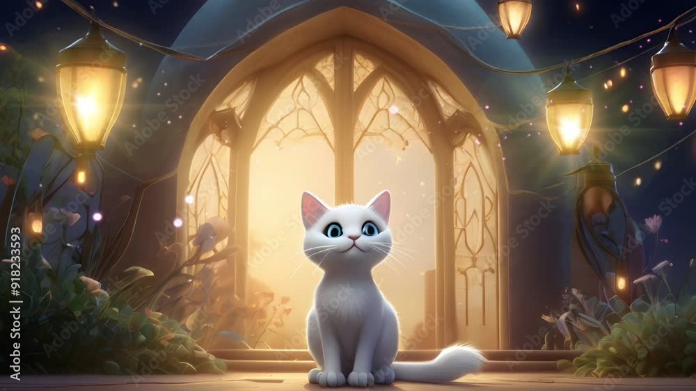A white cat is relaxing among the sparkling lights with bokeh effect. Seamless 4K looping timelapse video animation generated AI