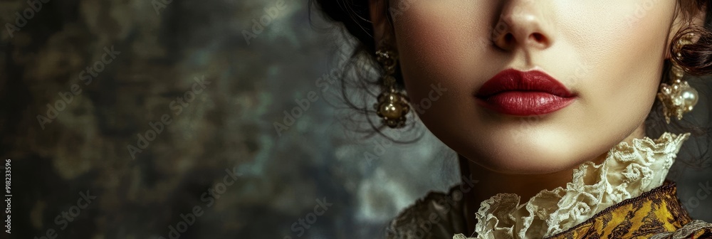 Close-up Portrait of a Woman with Red Lips and Lace Collar - A woman's face, featuring a close-up of her red lips, a hint of lace collar, and a subtle earring, evoking a sense of elegance, mystery, an Close-up Portrait of a Woman with Red Lips and Lace Collar - A woman's face, featuring a close-up of her red lips, a hint of lace collar, and a subtle earring, evoking a sense of elegance, mystery, an