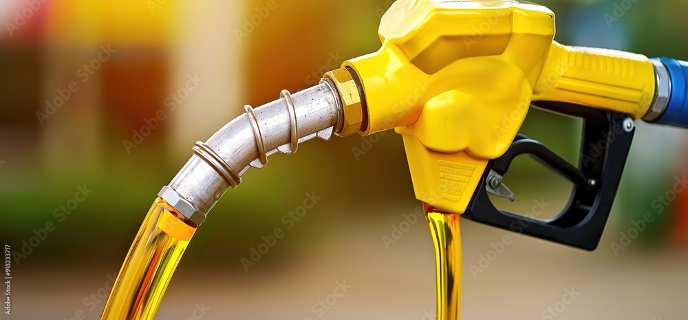 Close up shot of a gas pump nozzle filling a car with gasoline. The yellow nozzle and the flowing fuel are in focus, while the background is blurred. Close up shot of a gas pump nozzle filling a car with gasoline. The yellow nozzle and the flowing fuel are in focus, while the background is blurred.