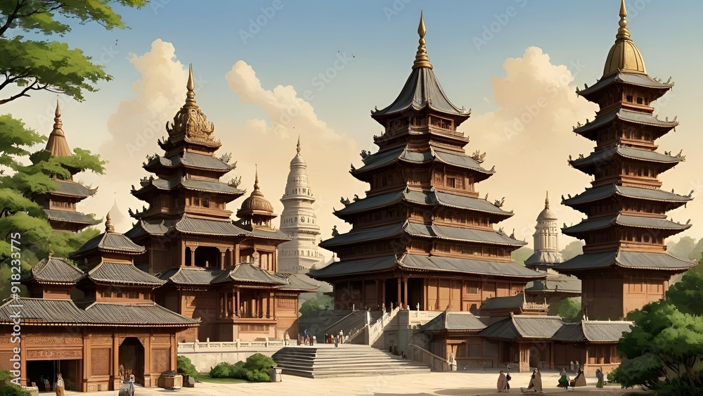 Fototapeta premium Ancient East Asian Pagoda Complex with Traditional Multi-Tiered Roofs in Tranquil Setting