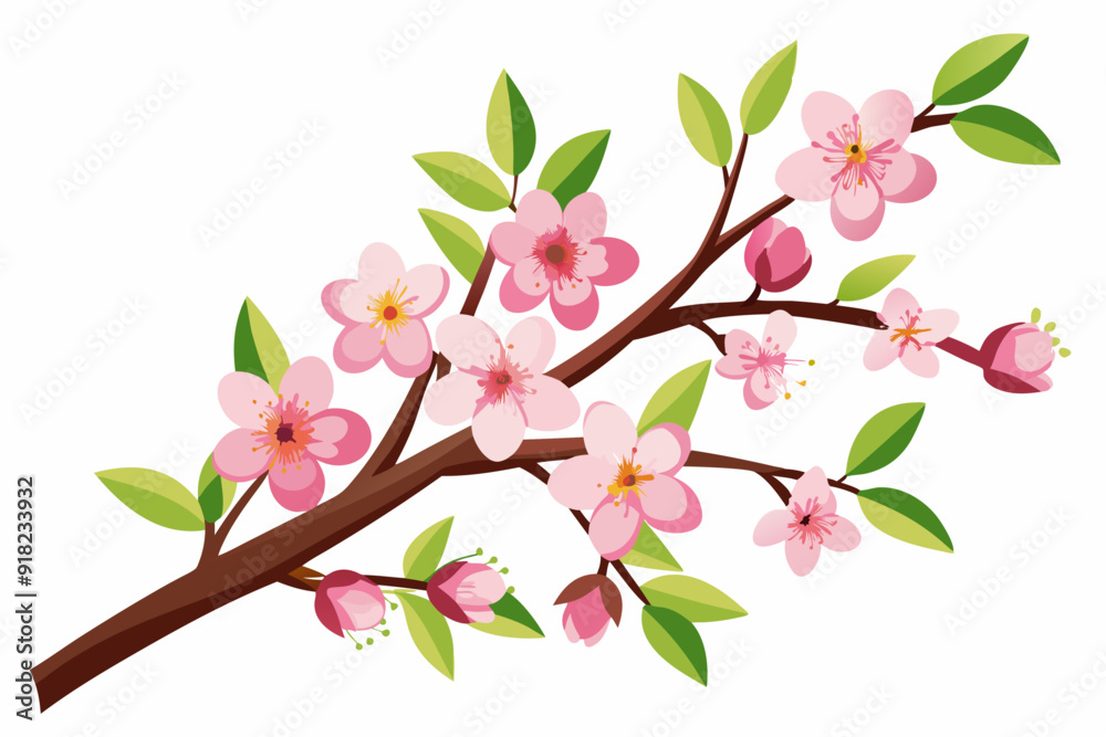 Obraz premium Branch with Pink Flowers and Green Leaves