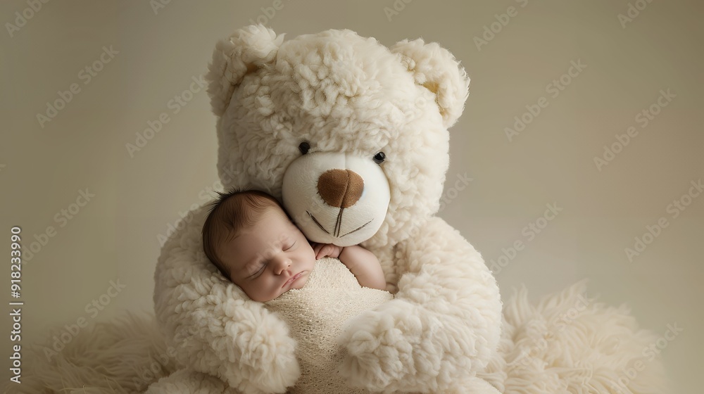 Obraz premium Cute Teddy bear sitting on bed next to child boy with morning light.Peaceful scene of New day Young Kid lying in bed with happy brown bear with natural light shining through.