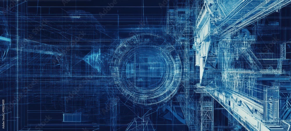 A clean and precise illustration of a steel infrastructure with detailed blue blueprint overlays A clean and precise illustration of a steel infrastructure with detailed blue blueprint overlays