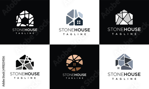 collection of vector icon templates for stone house logos. brick or stone house logo design template elements