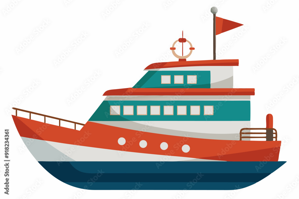 Red and White Yacht with Teal Accents and a Flag Red and White Yacht with Teal Accents and a Flag