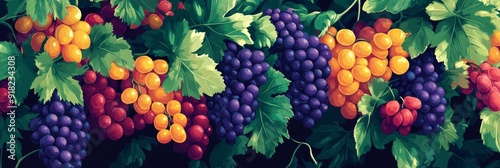 Wallpaper Mural Colorful Grape Harvest Abundance - A vibrant image showcasing a bountiful grape harvest with various colors representing different varieties. The lush green leaves add to the natural beauty, symbolizi Torontodigital.ca
