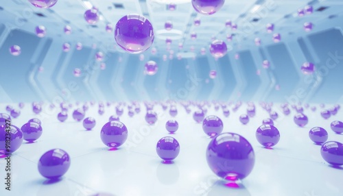 futuristic molecular grid with translucent spherical particles in shades of purple and blue suspended in a clean white space highlighting technological advancement photo