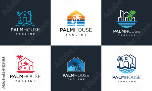Collection of palm tree house logo vector templates. Vector Logo Design Template Elements set with house line style.