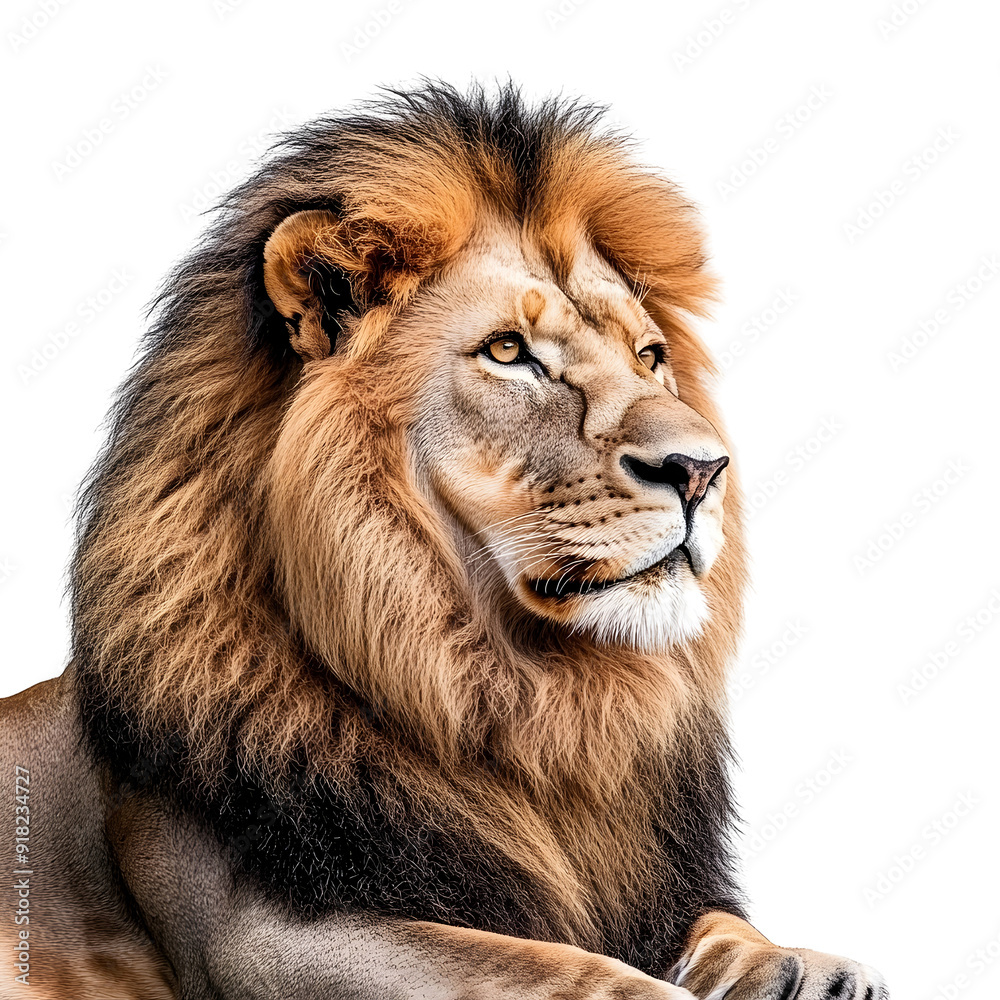 Regal Lion Resting in Striking Side Profile Against white transparent background png Regal Lion Resting in Striking Side Profile Against white transparent background png