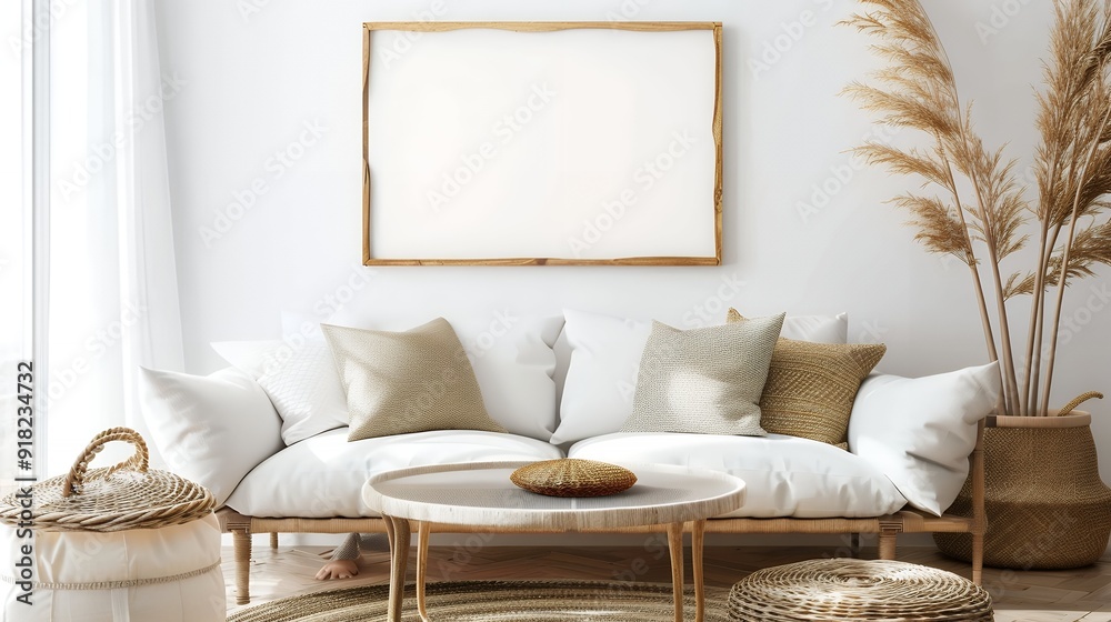 Firefly Rustic coffee table and wicker basket near white sofa against wall with art frame in a beautiful living room . Firefly Rustic coffee table and wicker basket near white sofa against wall with art frame in a beautiful living room .