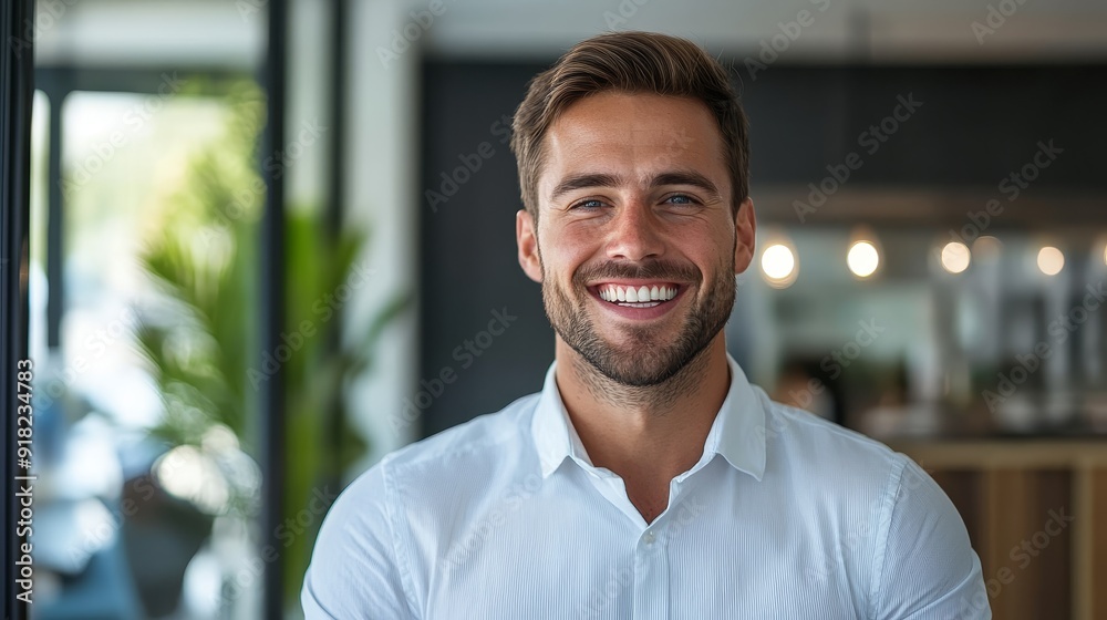 Confident and Successful Businessman Smiling in Office - A young professional male in a white shirt smiling confidently, conveying success, positivity, and professionalism in a modern office setting. Confident and Successful Businessman Smiling in Office - A young professional male in a white shirt smiling confidently, conveying success, positivity, and professionalism in a modern office setting.