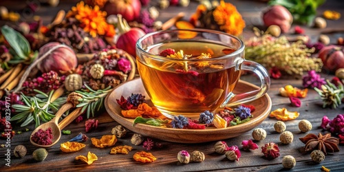 Fototapeta Naklejka Na Ścianę i Meble -  Colorful herbal tea blend with dried flowers, fruits